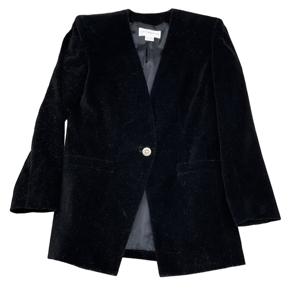 Liz Claiborne Jacket Women 4 Black Cotton White Flecked Silver‎ Button VTG